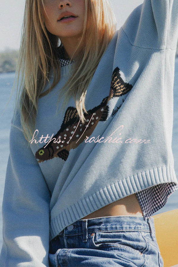 Fashionable Fish Pattern Round Neck Loose Knitted Sweater
