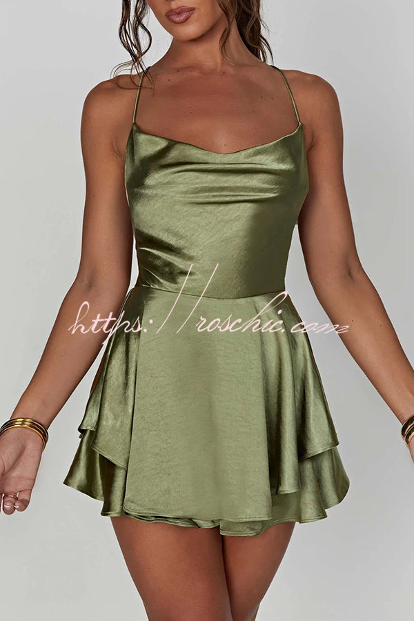 Ruffled Elegant Satin Strappy Satin Backless Lace Up Mini Dress