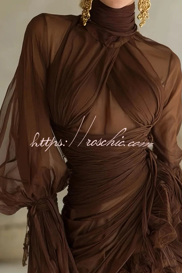 Sexy See-through Tulle High-neck Waist Pleated Ruffle Mini Dress