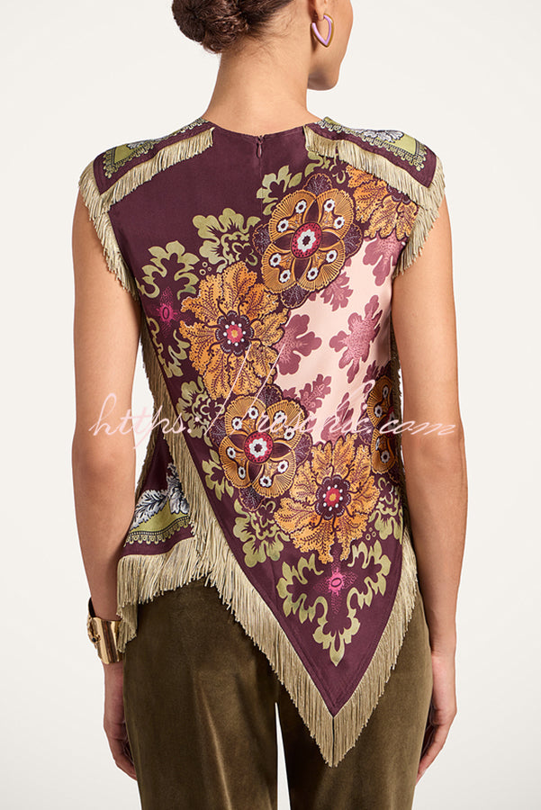 Stunning Floral Print Asymmetric Tassel Trim Scarf Top