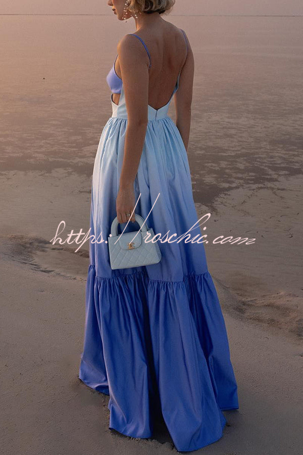 Ocean Breeze Gradient Color Print Cutout Waist Tiered Maxi Dress