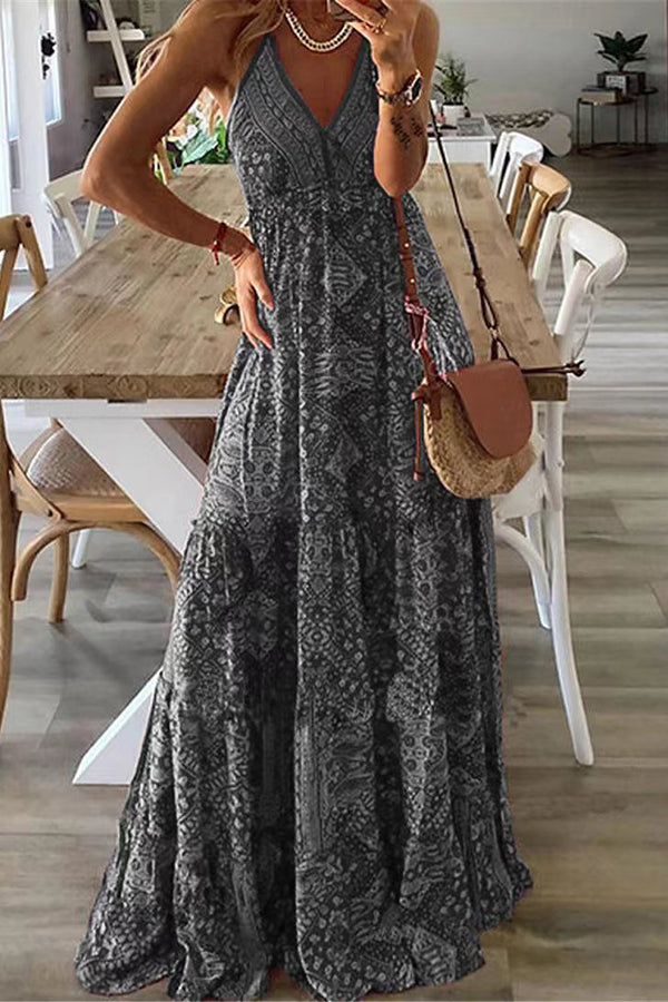 elastic maxi dress Celeste Boho Printed Strap Elastic Waist Maxi Dresses – roschic