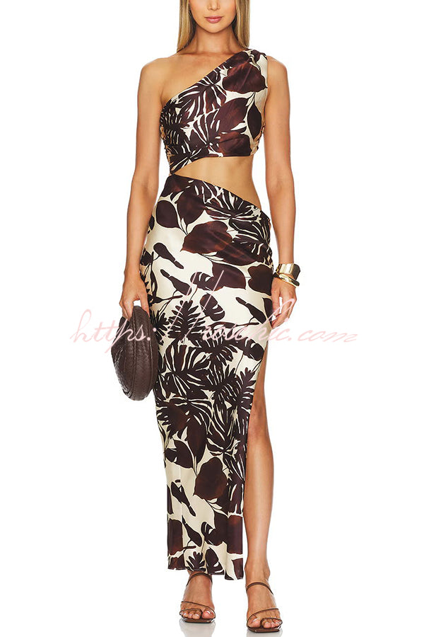 Malia Satin Printed One Shoulder Cutout Asymmetrical Slit Maxi Dress