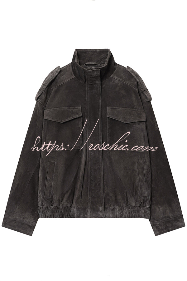 Fashionable Suede Loose Pocket Leather Jacket