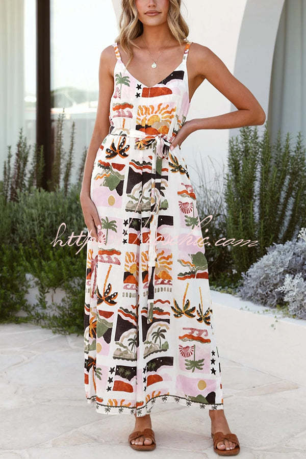 Unique Beach Vacation Print V-neck Suspenders Casual Wide-leg Jumpsuit