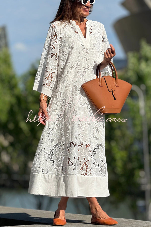 Confidence and Adventure Flower Lace V-neck Bell Sleeve Loose Midi Dress