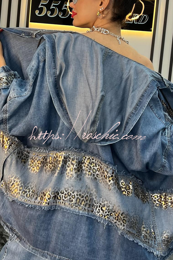 Fashion Loose Hooded Leopard Print Pocket Top and Casual Wide-leg Pants Set