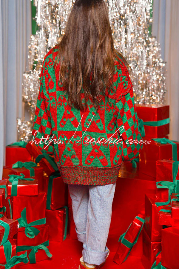 Christmas Candy Plaid Round Neck Long Sleeve Loose Knit Sweater