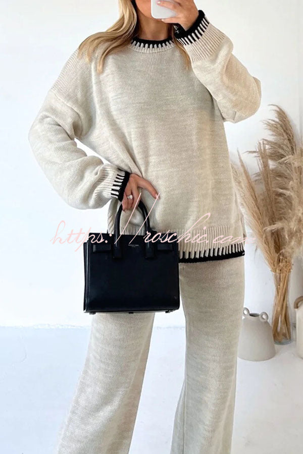 Life Memories Knit Contrast Stitch Trim Pullover Sweater and Stretch Loose Pants Set