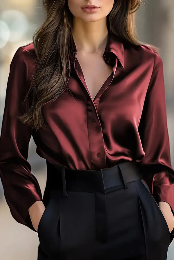 Satin Solid Color Long-sleeved Elegant Casual Shirt