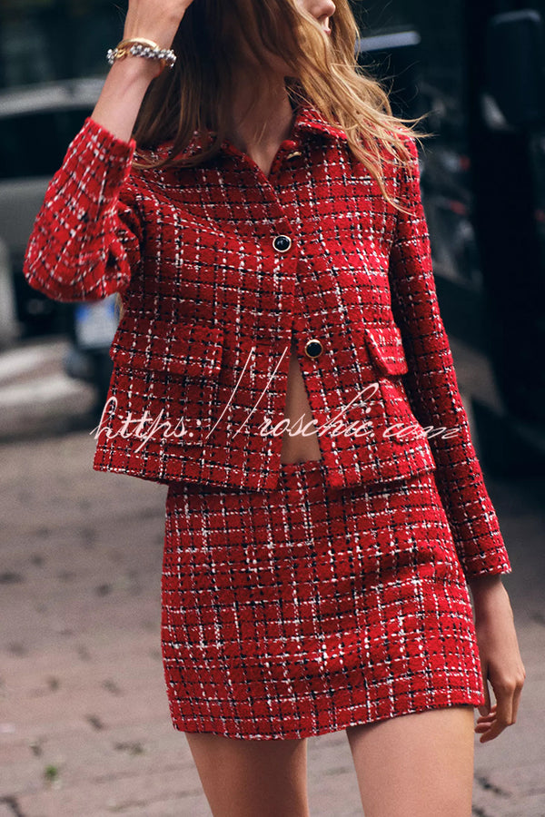 Tweed Plaid Textured Long-sleeved Casual Pocket Jacket