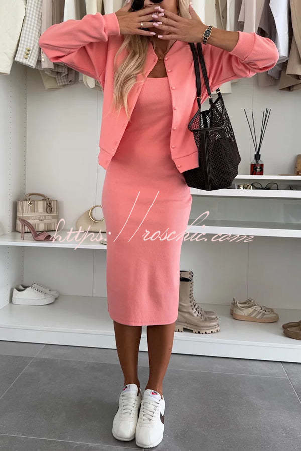 Comfort and Femininity Knit Ribbed Button Up Long Sleeve Bomber Jacket