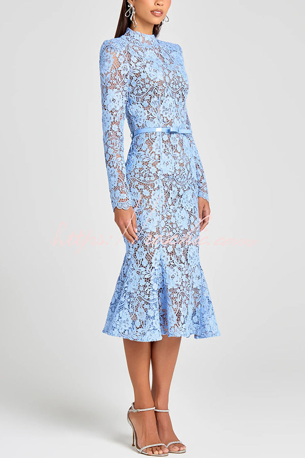 Feminine and Elegant Flower Lace Long Sleeve Bow Belted Flare Midi Dress