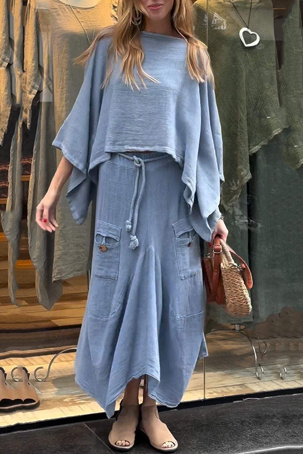 Solid Color Loose Round Neck Top and Elastic Waist Tie Casual Maxi Skirt Set