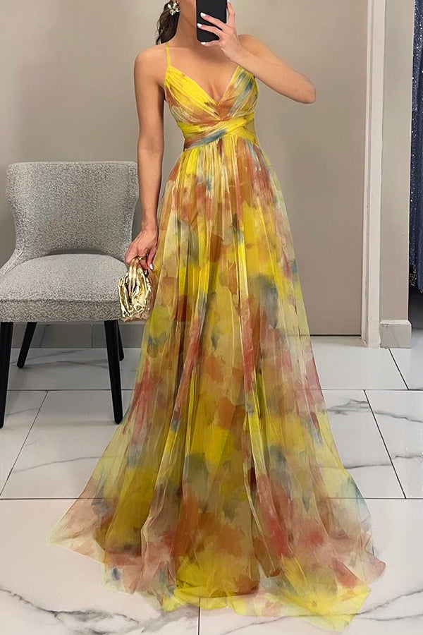 Giselle Tulle Render Floral Print Cutout Waist Back Lace-up Maxi Dress, Yellow / XL