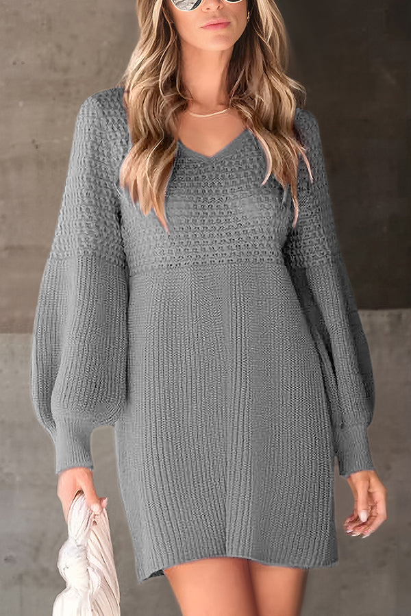Solid Color V-neck Puff Sleeve Casual Knitted Mini Dress