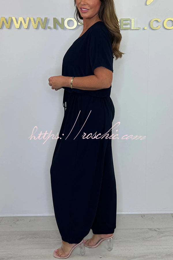 Solid Color V-neck Short-sleeved Waist-tied Loose Casual Jumpsuit