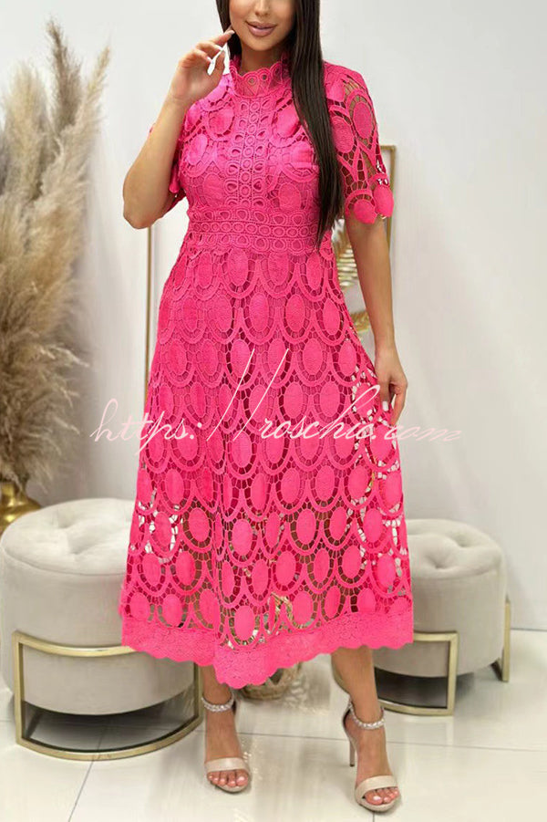 Elegant Crocheted Cutout Lace Short-sleeved Stand-collar Midi Dress