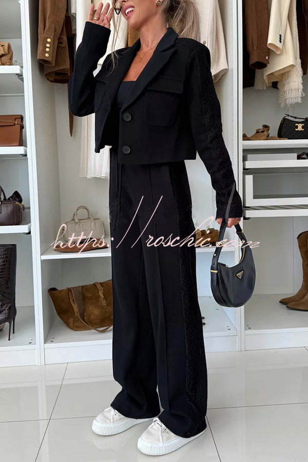 Fashion Lace Panel Long-sleeved Crop Top and Elastic Waist Tie Pocket Casual Pants Set