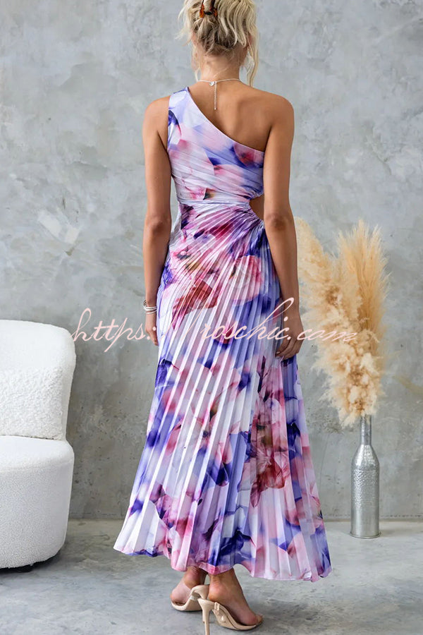 Laken Floral Print One Shoulder Adjustable Tie Cutout Pleated Maxi Dress