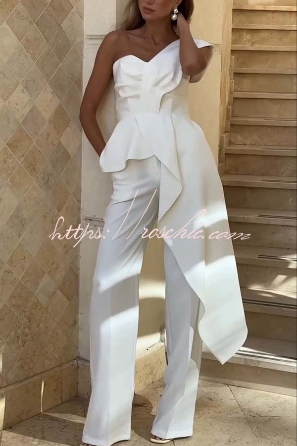 Amena One Shoulder Sweetheart Neck Ruffle Hem Top and Elastic Waist Pocket Wide Leg Pants Set