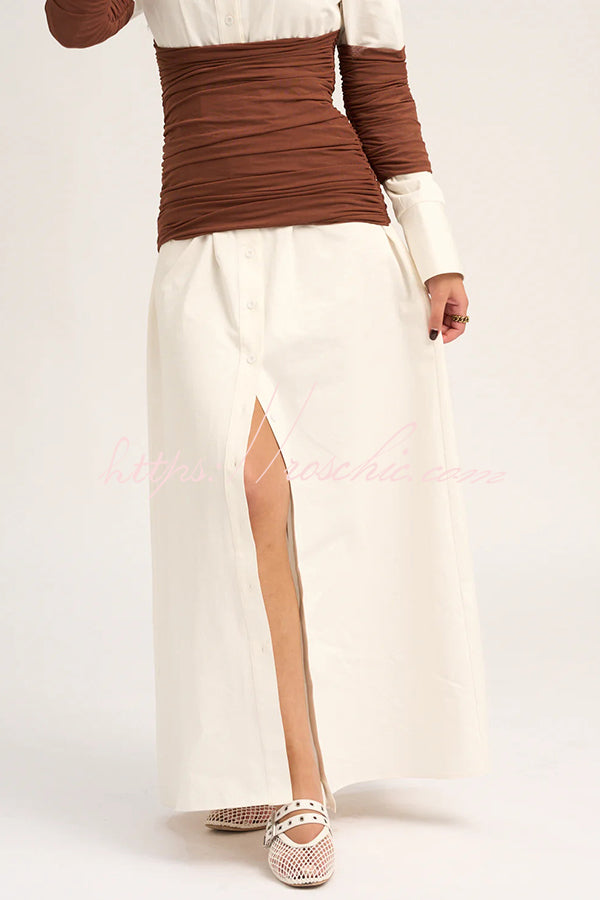 Fashionable Pleated Contrast Patchwork Waist Long Sleeve Button Shirt Maxi Dress