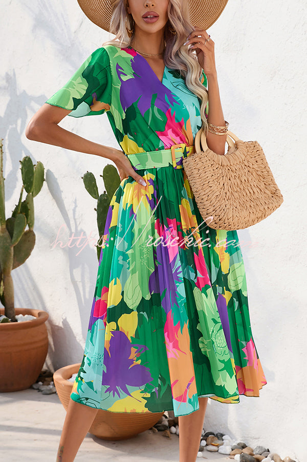 Paulette Contrast Floral Print Belted Pleated Midi Dress Paulette Contrast Floral Print Belted Pleated Midi Dress
