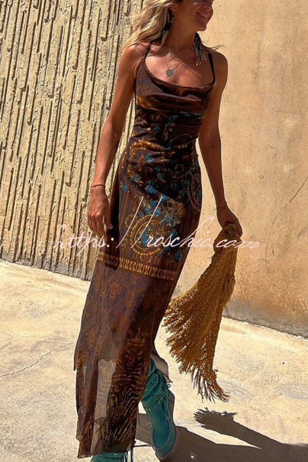 Gypsy Style Unique Print Cowl Neck Back Lace-up Slit Midi Dress, Brown / M Gypsy Style Unique Print Cowl Neck Back Lace-up Slit Midi Dress, Brown / M