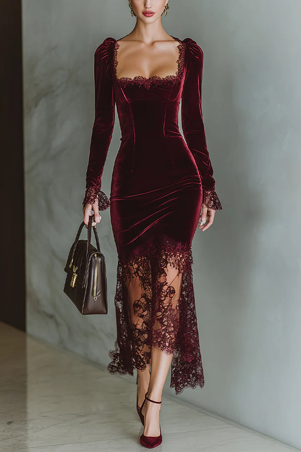 lace patchwork dress Fashionable Velvet and Lace Patchwork Square Neck Long-sleeved Maxi D roschic