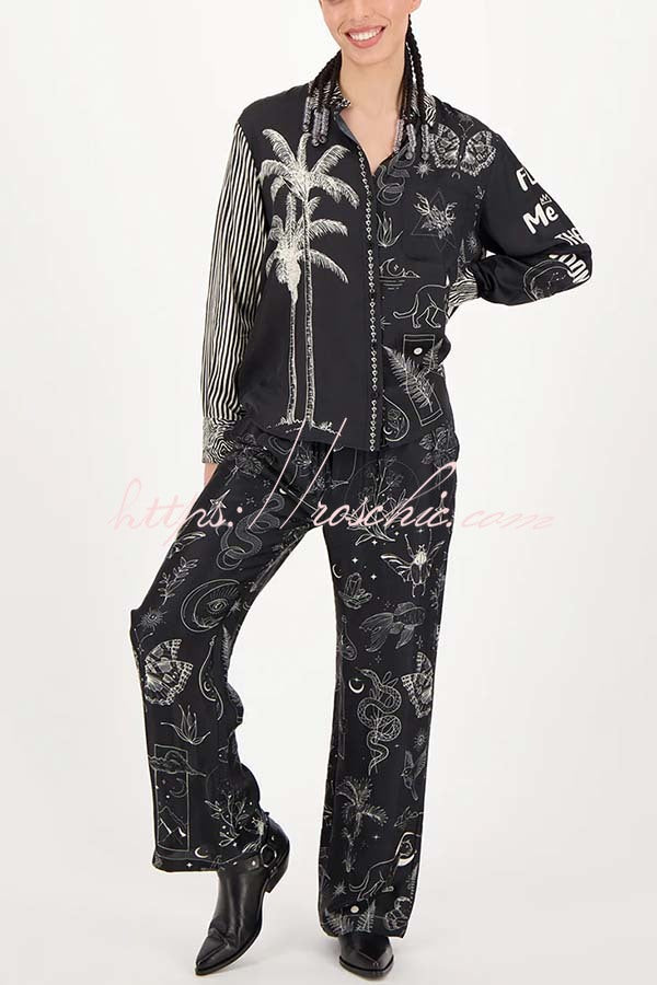 Black Magic Satin Unique Print Long Sleeve Blouse and Elastic Waist Pocket Wide Leg Pants Set