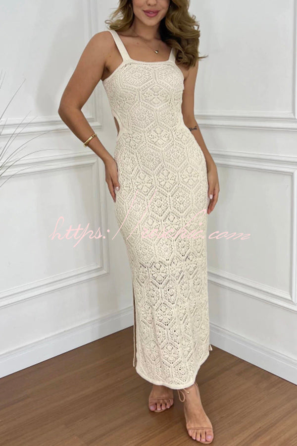 Zafina Crochet Knit Cutout Waist Texture Slit Stretch Maxi Dress