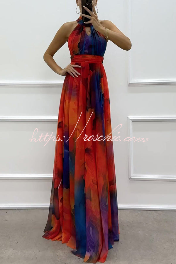 Elaine Tulle Floral Splash Print Cutout Halter Tie-up Neck Gown Maxi Dress