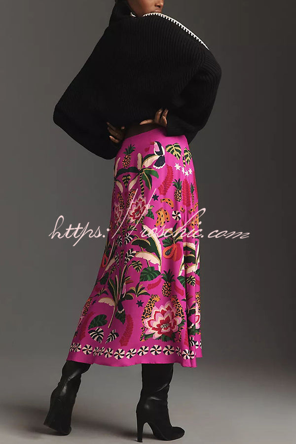 Creative Tropical Rainforest Unique Print High Rise Midi Skirt