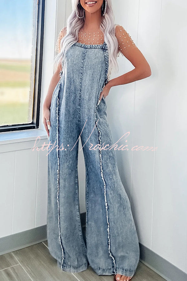 Vintage Washed Denim Raw Edge Elastic Waist Wide Leg Jumpsuit