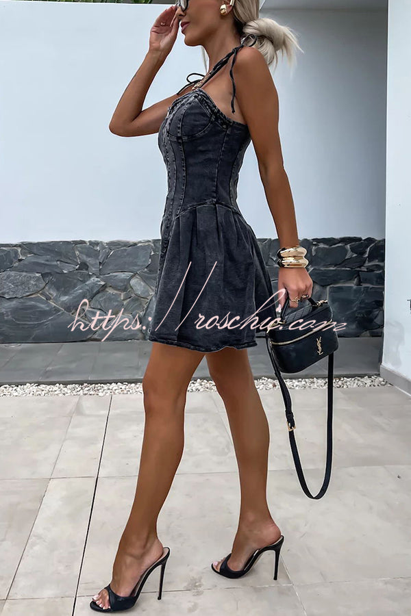 Sweet and Unique Washed Denim Center Front Zipper Stretch Mini Dress