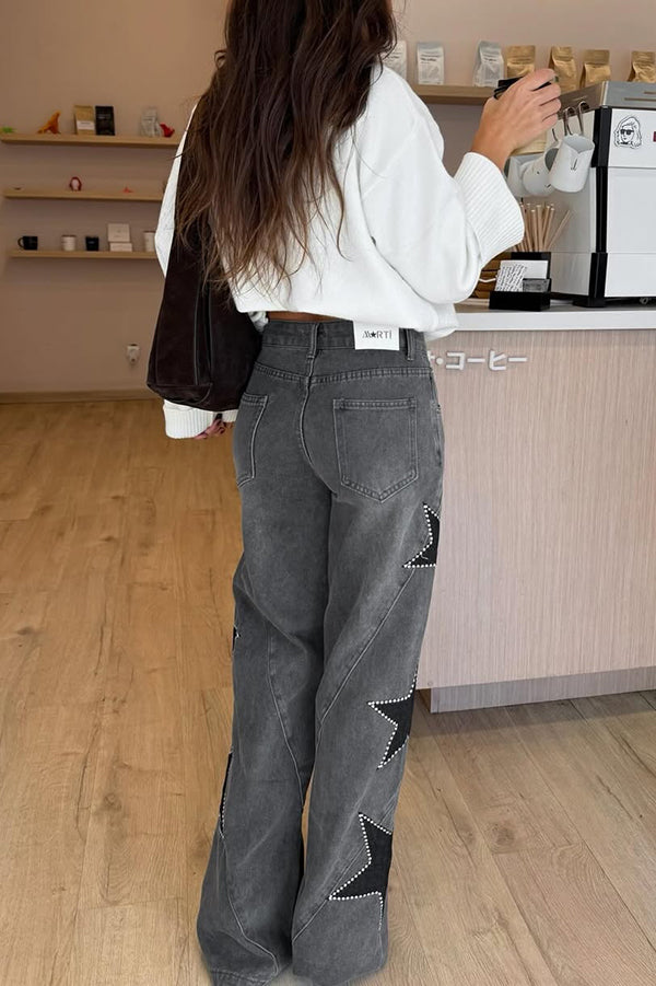 Jessy Denim Mid Rise Side Star Pattern Pocket Wide Leg Jeans (Shipped Within 24 Hours)