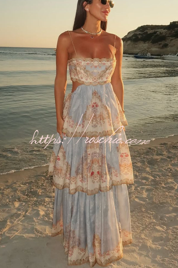 Daylight Unique Print Cutout Waist Back Lace-up Tiered Hem Maxi Dress