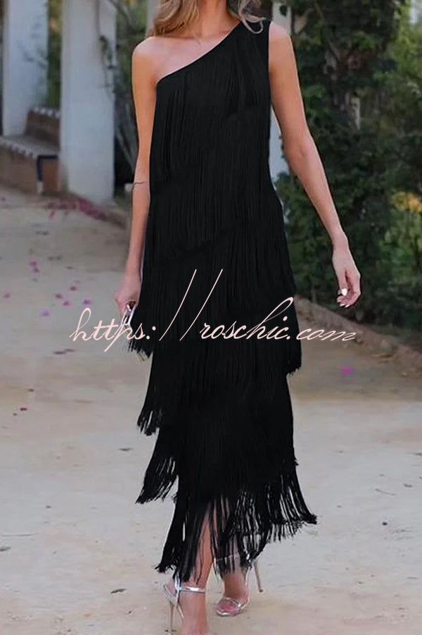 Stylish Fringed One Shoulder Asymmetric Midi Dress