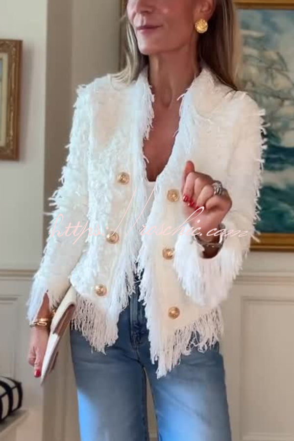 Solid Color Metal Button Long Sleeve Elegant Tassel Top