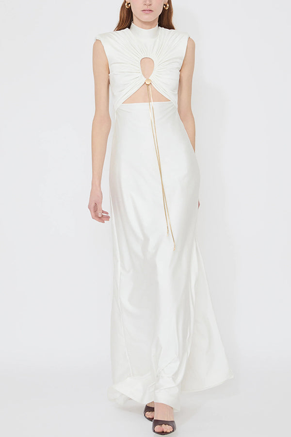 Genis Hollow Elastic Bust High Neck Sleeveless Gathered Maxi Dress  roschic