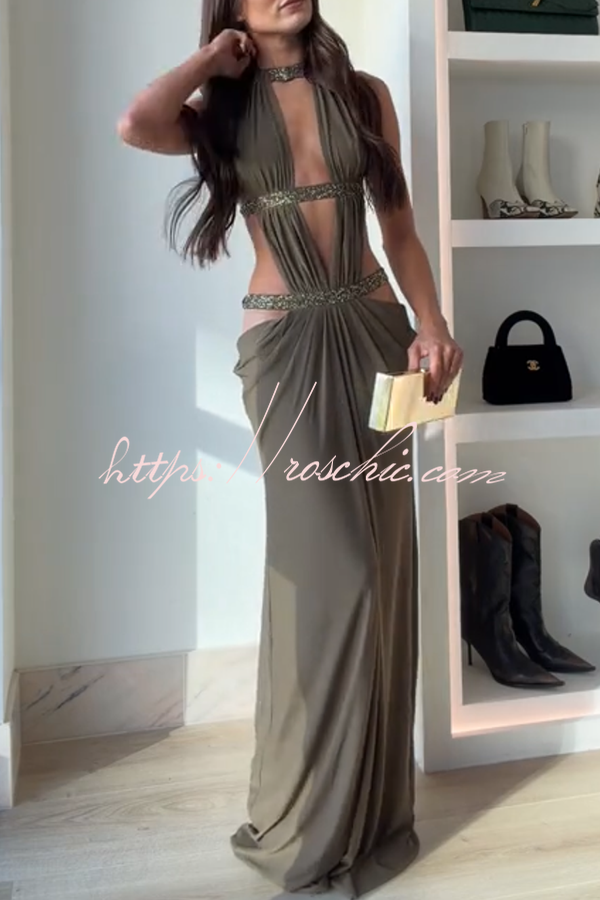 Khaki Hot-fix Rhinestone Shoulder Strap Cutout Design Backless Drape Maxi Dress