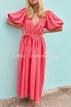 Valentine's Day Gold Heart Print Puff Sleeve Button Pocketed Loose Maxi Dress