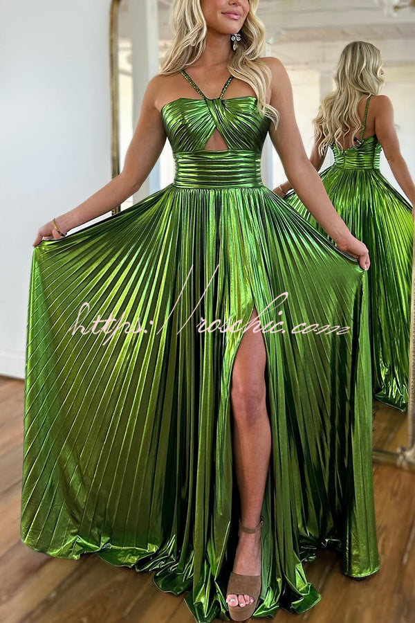 Queen Style Metallic Fabric Cross Neck Cutout Slit Pleated Maxi Dress