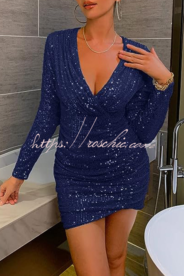 V Neck Wrap Hip High Waist Sequin Mini Dress