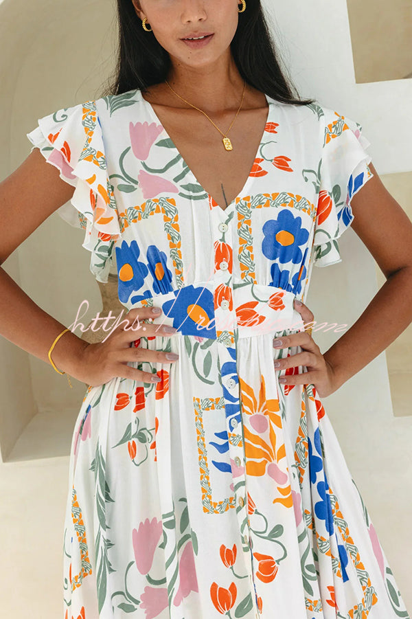 Boho Floral Print Buttoned V-neck Midi Dress