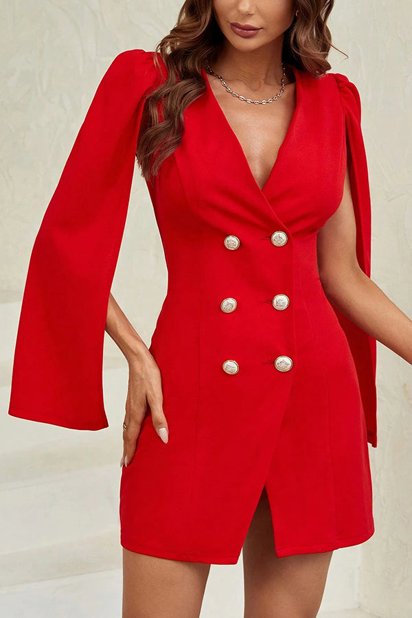 Solid Color V-neck Waist Double-breasted Elegant Mini Dress