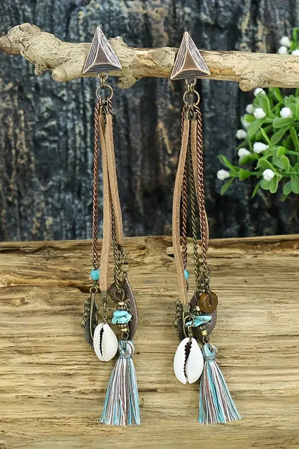 Retro Long Tassel Shell Leaf Earrings