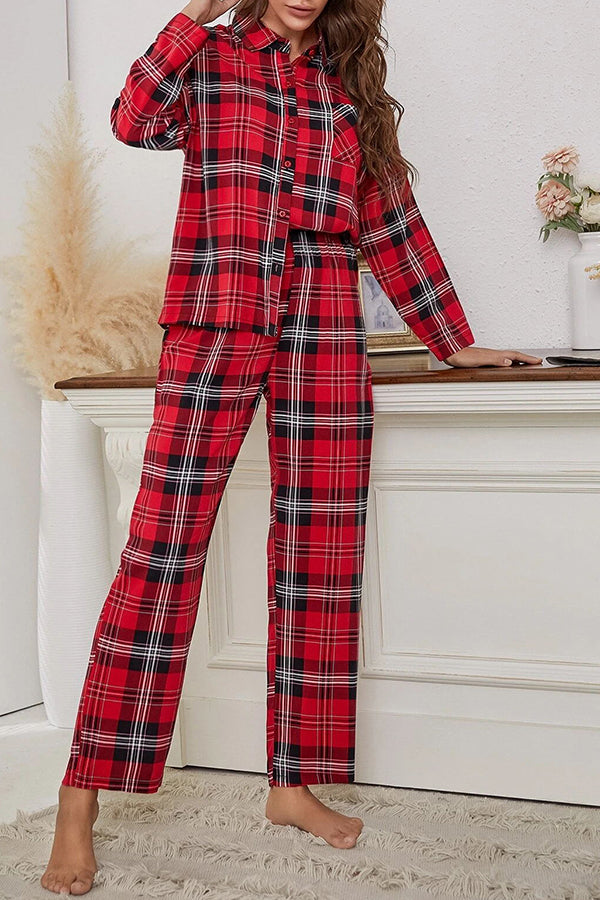 Christmas Plaid Print Pocket Button Pajama Set