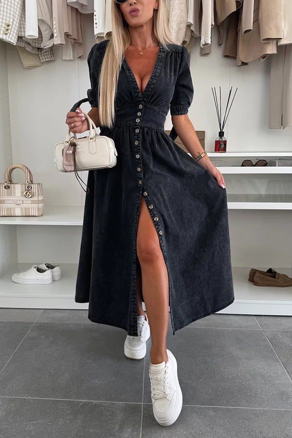 white christmas dresses Indigo Cotton Denim V-Neck Fit and Flare Midi Dress 30