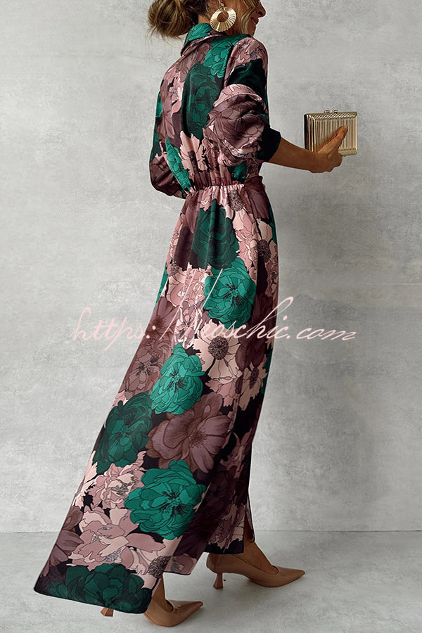 Floral Print Lapel Waisted Lace-up Long-sleeve Maxi Dress